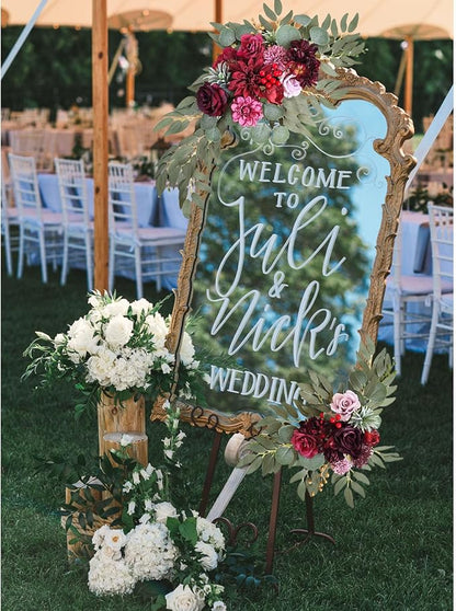 Faux Flower Swag Set of 2, Burgundy Artificial Flowers Swags for Wedding Arch, Wedding Welcome Signs, Welcome Reception Ceremony Signs Decorations