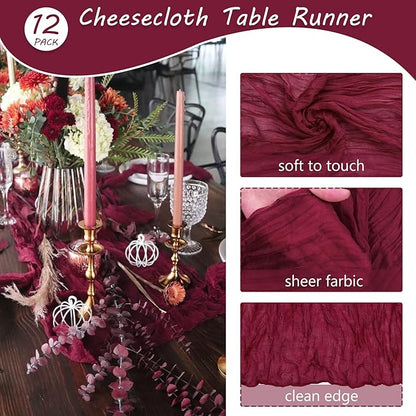 12 Pack Cheesecloth Table Runner 35x72 Inch Boho Gauze Table Runner Rustic Cheese Cloth Long Romantic Table Runners for Wedding Bridal Shower Birthday Party Table Decor (Burgundy)