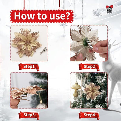 24Pcs Christmas Poinsettia Artificial Flowers and Glitter Berries Kit, 2 Styles Total 16Pcs Christmas Tree Flowers Ornaments, 8Pcs Christmas Tree Picks for Wedding Holiday Decorations, Rose Gold