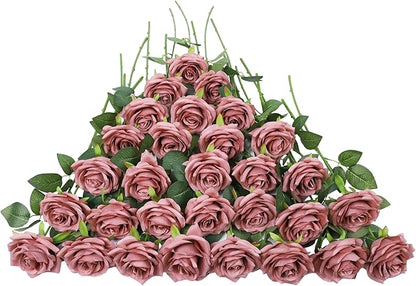 30 Pcs Artificial Rose Flower Dusty Rose Flowers Silk Flowers with Long Stem Silk Roses Bouquet for Wedding Bridal Shower Party Home Decoration