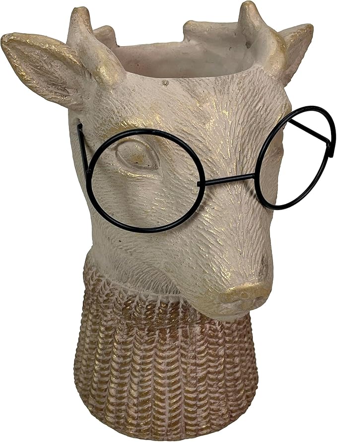 Bespectacled Deer Cement Vase 8.7 Inch - Gold Accents, Knit Scarf, Real Wire Glasses, Whimsical Animal Planter, Distressed Taupe Decorative Vase for Indoor Plants, Unique Gift - Home or Office