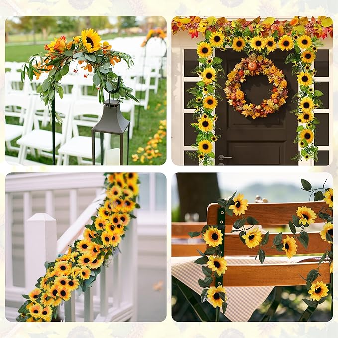 4 Pack Sunflower Garland Decor,7.5ft Artificial Sunflower Vines with Lights,Hanging Fake Silk Flower Garlands for Table Centerpieces Wedding Party Birthday Decorations