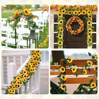 2 Pack Sunflower Garland Decorations,7.5ft Artificial Silk Sunflowers,Fake Vines with Green Leaves Hanging Flower Garlands for Birthday Party Backdrop Wedding Table Decor