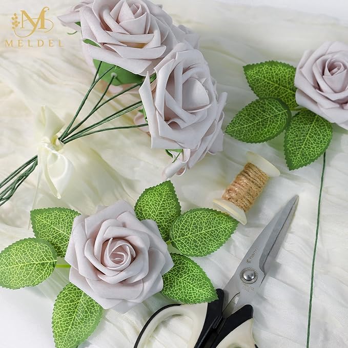 Meldel Artificial Flowers 25pcs Real Looking Dusty Violet Pale Lavender Foam Fake Roses with Stems for DIY Wedding Bouquets Bridal Shower Centerpieces Floral Arrangements Home Decorations Bulk Rose