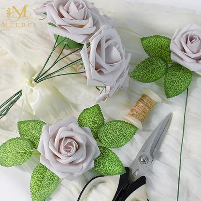 Meldel Artificial Flowers 25pcs Real Looking Dusty Violet Pale Lavender Foam Fake Roses with Stems for DIY Wedding Bouquets Bridal Shower Centerpieces Floral Arrangements Home Decorations Bulk Rose