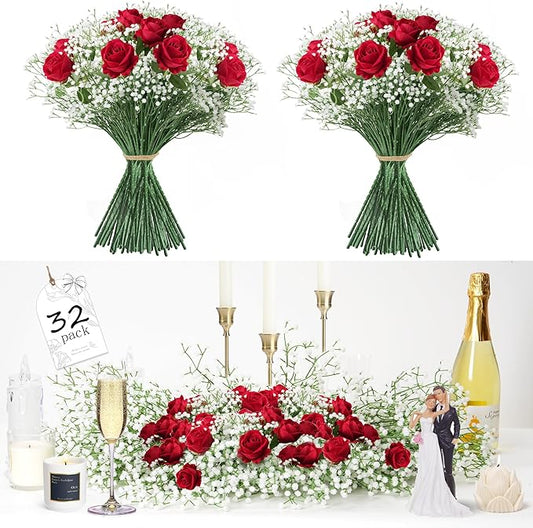 20Pcs Babys Breath Artificial Flowers Bulk, 12Pcs Fake Red Roses, DIY Wedding Flowers Bouquet, Realistic Faux Silk Flowers for Home Table Decor