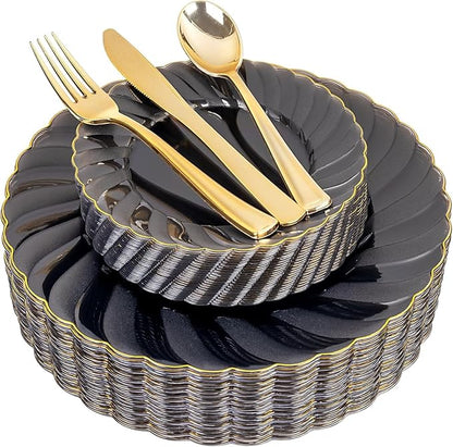 YOUBET 125PCS Clear Black Plastic Plates - Black and Gold Disposable Plates Include 50 Plate, 75 Gold Silverware for Wedding & Party & Birthday New Year