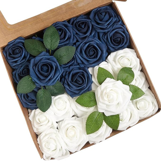 Artificial Flowers, 50pcs Blue and White Fake Flower for DIY Wedding Bouquets Centerpieces Arrangements, Artificial Rose with Stem for Party Home Decorations
