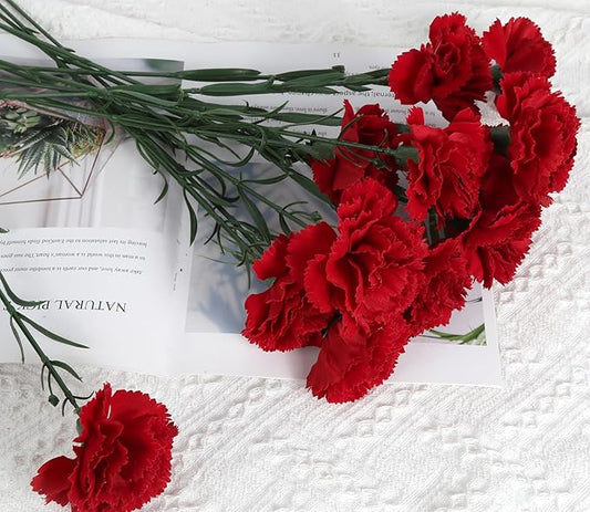 Carnations Artificial Flowers 15PCS 21.25in Velvet Fake Carnations Flowers for Wedding Home Table Centerpieces Floral Arrangements(Retro Red)
