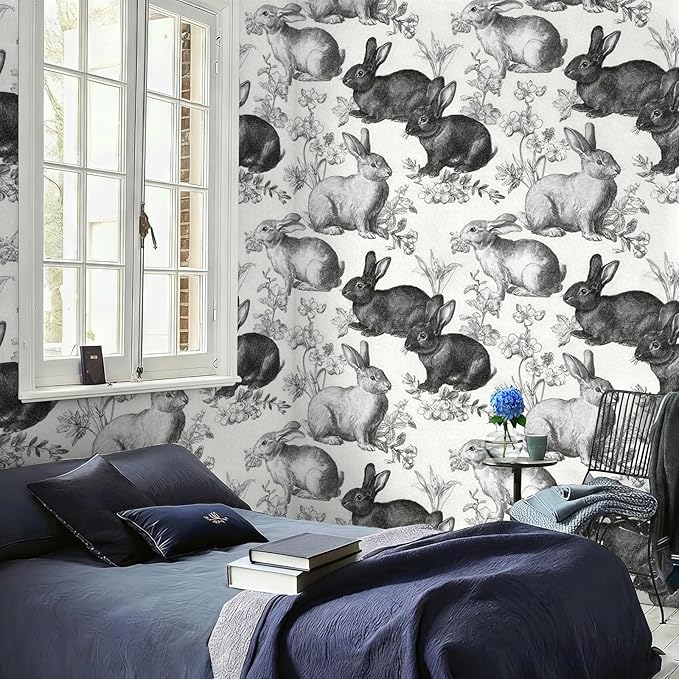 Floral Peel and Stick Vintage Animal Contact Paper Rabbit Removable Botanical Leaf Sketch Wallpaper 17.7" x 118.11" Wall Paper Self Adhesive for Classroom Bedroom Laundry Room Bathroom