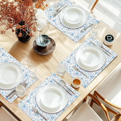 Cotton Linen Waterproof Placemats Set of 4, Blue Floral Dining Mat Table Mats Decor Fabric for Kitchen Dinner Coffee Shop Table, Outdoor/Indoor Washable Wipeable Placemat -N030