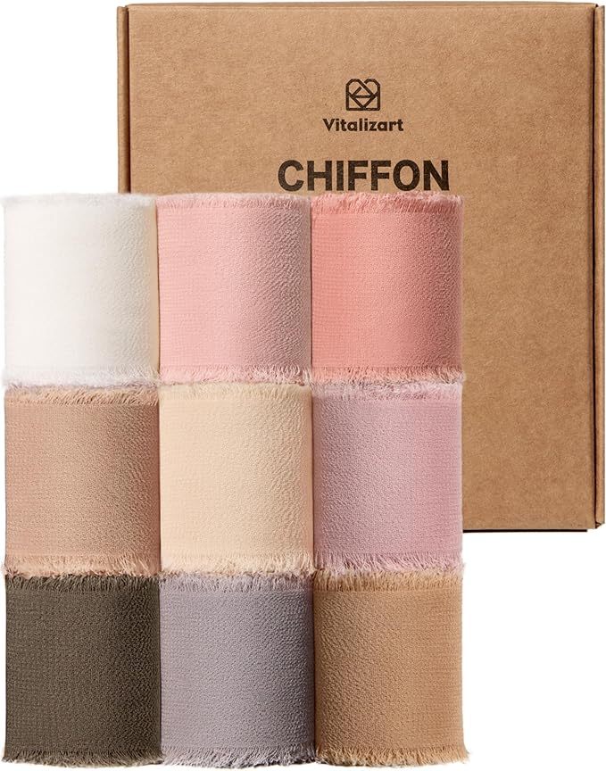 Vitalizart 9 Rolls 1.5" Pink & Nude Chiffon Silk Ribbon Handmade Fringe Total 27 Yd Frayed Edges Ribbons for Wedding Invitations Bridal Bouquets Gifts Wrapping Crafts Holiday Decor