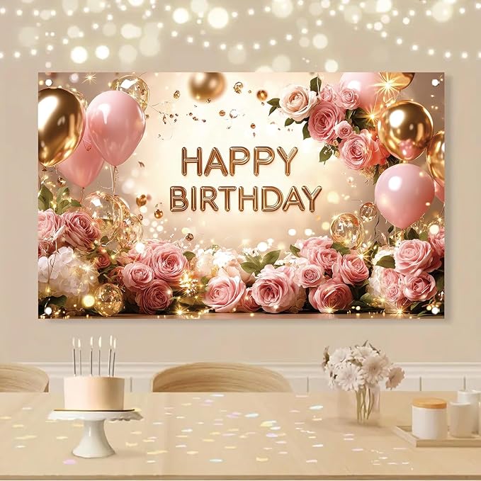 Rose Gold Birthday Backdrop Banner Pink Balloon Floral Rose Photography Background for Girls Women Gold Birthday Party Wedding Baby Shower Decor Photo Booth Supplie 71 x 43 Inch
