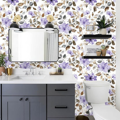 Purple Floral Peel and Stick Wallpaper Modern Contact Paper Waterproof Removable Self Adhesive Botanical Flower Wall Paper for Bathroom Bedroom Cabinets Vinyl Wallpaper 17.7" X 124"