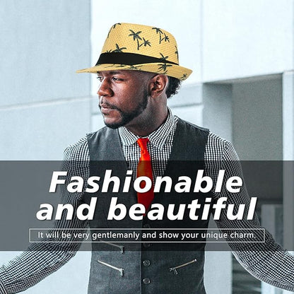 FADACHY Summer Straw Fedora Hat Short Brim Panama Sun Hat Trilby Beach Hat for Men & Women