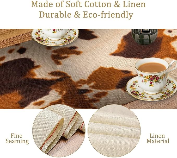 Cow Print Table Runner, Brown Cowhide Print Western Style Table Runner Country Farmhouse Cottage Cow Patten Table Decoration for Home Kitchen Dining, 13x120 Inch