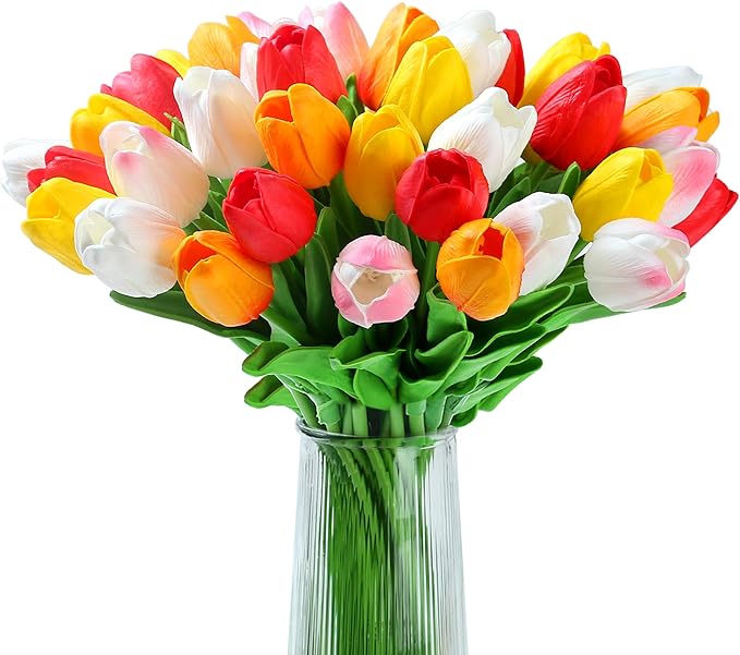 20pcs Tulips Artificial Flowers 14" Fake Flowers Slik Real Touch Tulips Faux Flowers for Spring Easter Mother's Day Table Decor Wedding Bouquet (Colorful)