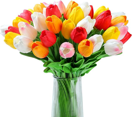 20pcs Tulips Artificial Flowers 14" Fake Flowers Slik Real Touch Tulips Faux Flowers for Spring Easter Mother's Day Table Decor Wedding Bouquet (Colorful)