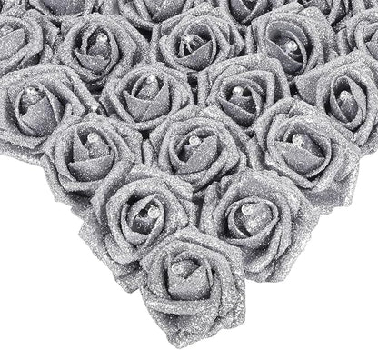 IPOPU Silver Roses,25PCS Glitter Roses Bouquet Fake Flowers with Crystal for Cake Wedding Bouquet Home Party Decoration(Silver)