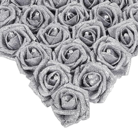 IPOPU Silver Roses,25PCS Glitter Roses Bouquet Fake Flowers with Crystal for Cake Wedding Bouquet Home Party Decoration(Silver)