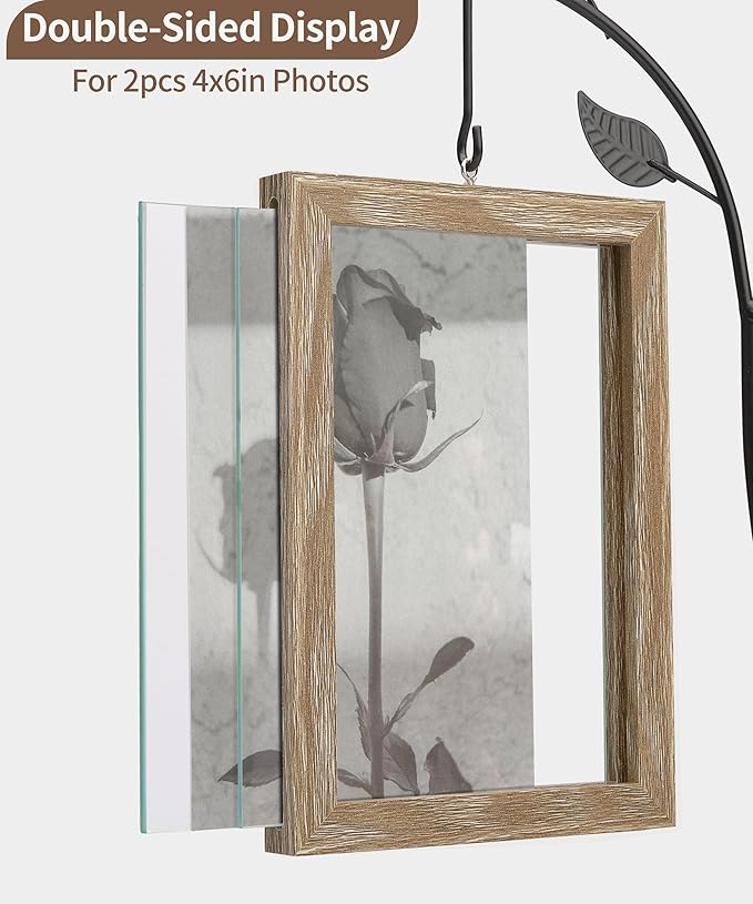 Afuly 4x6 Picture Frame Potted Plants Desk Photo Frames with Metal Stand Glass Vase, Rustic Double Sides Display Wood Frame Wedding Birthday Gifts for Couple Mom Grandma Women