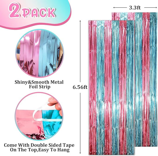 2 Pack Blue and Pink Foil Fringe Backdrop Curtains, Tinsel Streamers Mermaid Party Decorations, Fringe Backdrop for Mermaid Birthday, Baby Shower, Gender Reveal, Disco, Graduation Party