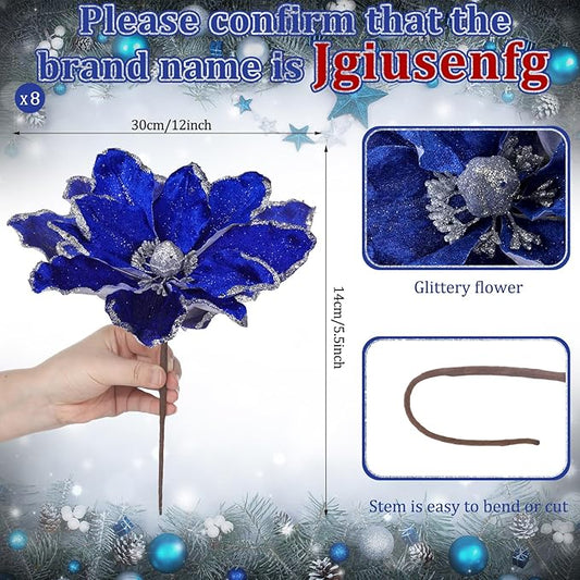 8 Pcs Large Christmas Flower Magnolia Flowers Christmas Tree Decoration Artificial Poinsettia Stems Velvet Xmas Ornaments for Xmas Tree Table Decor(Blue,12 Inch)