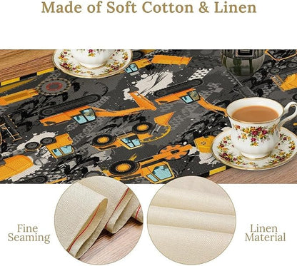 Cartoon Car Table Runner,Boy Kids Construction Yellow Tractor Excavator Tablecloth Burlap for Hotel Indoors Outdoor Dining Room Kitchen Home Decor,W13X L80 in