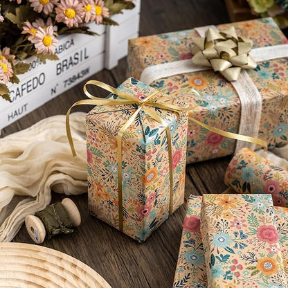 MAYPLUSS Colorful Floral Kraft Wrapping Paper Roll - 17Inch x 33Feet - Garden Boho Floral Gift Wrap Paper Spring Summer Blooms Sheet for Wedding, Bridal Shower, Birthday and Engagement