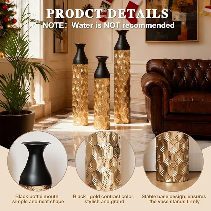 Floor Oversized Gold Metal Decorative Vase with 3D Triangle Pattern Set of 3 Large Vases for Home Living Room 33.5 ", 29.5 ", 25.2" High (Black+Gold)