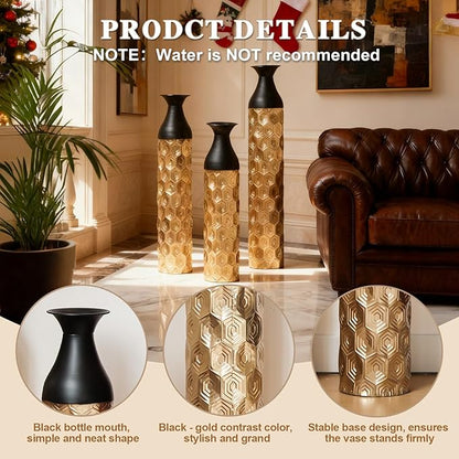 Floor Oversized Gold Metal Decorative Vase with 3D Triangle Pattern Set of 3 Large Vases for Home Living Room 33.5 ", 29.5 ", 25.2" High (Black+Gold)