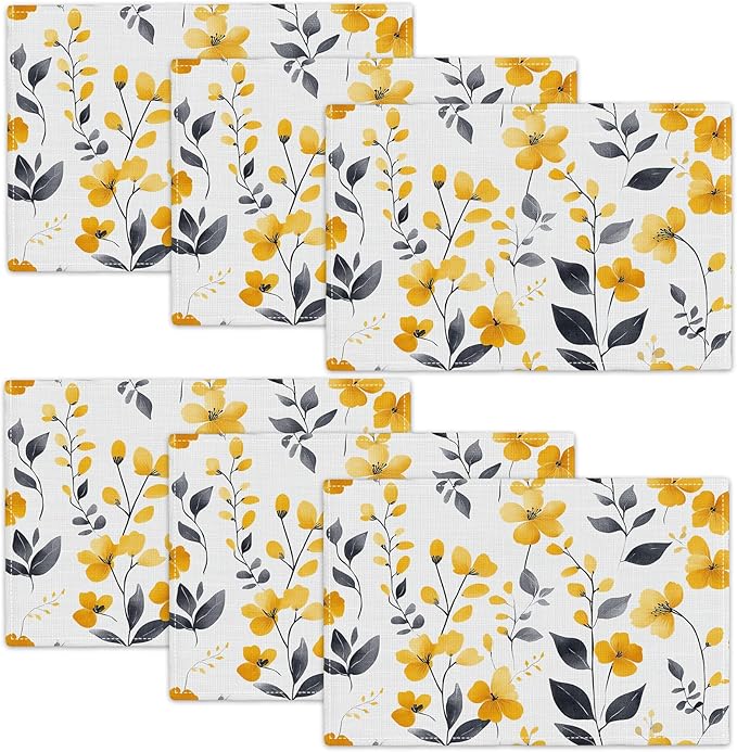 Farmhouse Yellow Flowers Placemats Set of 6, Rustic Floral Place Mats, Country Dining Table Mats, Washable Spring Placemats for Kitchen Dining Room Home Decor 18L'' × 12W''