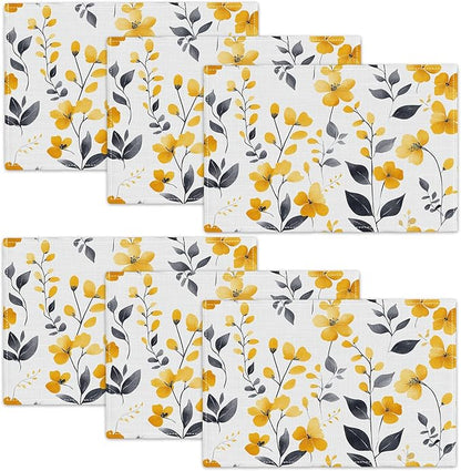 Farmhouse Yellow Flowers Placemats Set of 6, Rustic Floral Place Mats, Country Dining Table Mats, Washable Spring Placemats for Kitchen Dining Room Home Decor 18L'' × 12W''