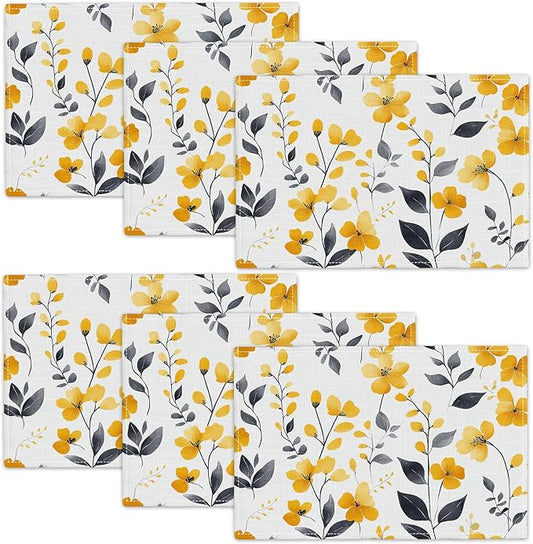 Farmhouse Yellow Flowers Placemats Set of 6, Rustic Floral Place Mats, Country Dining Table Mats, Washable Spring Placemats for Kitchen Dining Room Home Decor 18L'' × 12W''