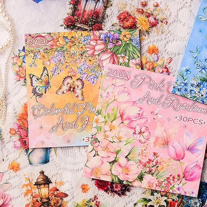 Floral Stickers Set,30 Sheets Pink Waterproof PET Clear Flower Stickers for Scrapbooking Journaling Bullet Journal Junk Journal Supplies