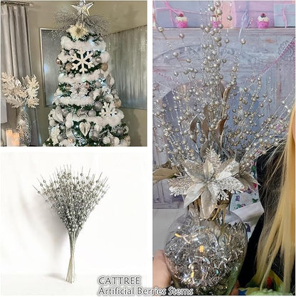 Artificial Berries Stems Ornaments 17 Inch, Sparkling Christmas Tree Picks, Glittery Berry Stems Fake Plant Picks and Branches for Xmas Wreath Ornaments Holiday Home DIY Decor - Silver 10 Pack
