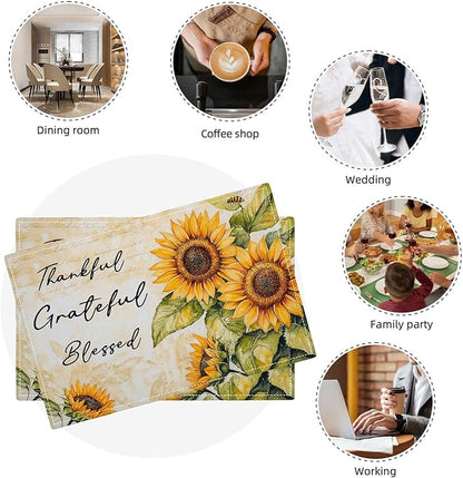 Farmhouse Sunflower Placemats Set of 6, Thankful Grateful Blessed Place Mats, Rustic Bee Dining Table Mats, Washable Placemats for Kitchen Dining Room Home Decor 18L'' × 12W''