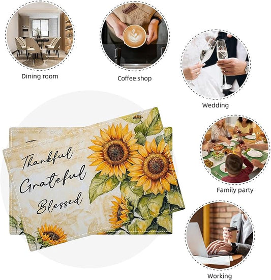 Farmhouse Sunflower Placemats Set of 6, Thankful Grateful Blessed Place Mats, Rustic Bee Dining Table Mats, Washable Placemats for Kitchen Dining Room Home Decor 18L'' × 12W''