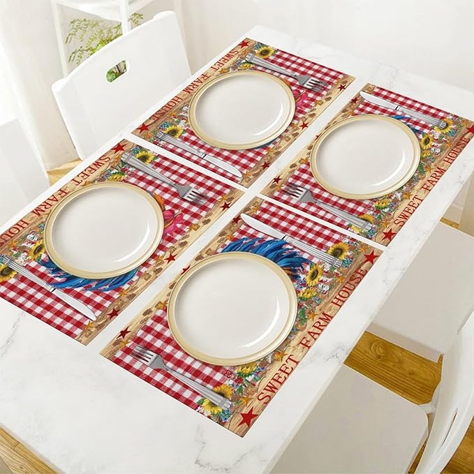Rooster Placemats,Farm Vintage Rustic Farmhouse Lattice Sunflower Flower Chicken Animal Print Washable Fabric Placemats Table Kitchen Dining Party 12x18 Inch Set of 6