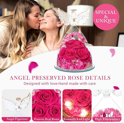 Preserved Flower Rose Gifts for Women, Forever Eternal Fresh Flowers in Glass Angel Figurines Flowers for Delivery Prime for Grandma Mom from Daughter Sister Her Wife on Mothers Day Birthday Christmas