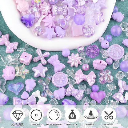 Assorted 200-260PCS Purple Acrylic Beads for Bracelet Making, Flower Bow Candy GummyBear Bracelet Charms,Cute Beads for Jewelry Making DIY Necklace Keychain Phone Charm Christmas Gift