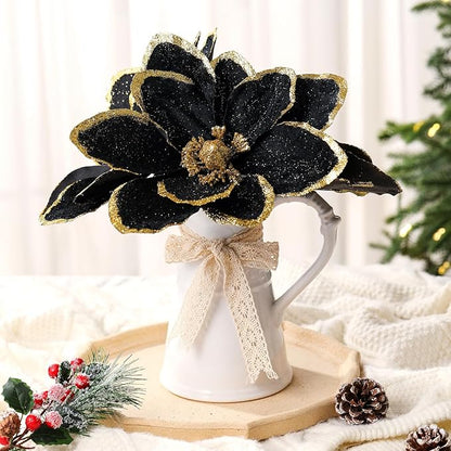 8 Pcs Large Christmas Flower Magnolia Flowers Christmas Tree Decoration Artificial Poinsettia Stems Velvet Xmas Ornaments for Xmas Tree Table Decor(Black,12 Inch)