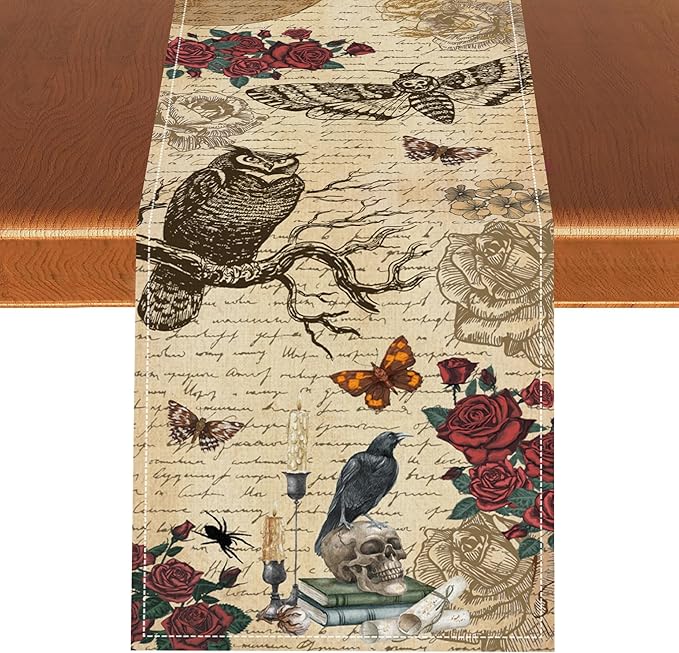Gothic Floral Table Runner, Retro Dark Skull Moth Vintage Flower Halloween Day of Death Witchy Coffee Table Center Decor for Home Kitchen Dining Patio Holiday Party Table Decorations 13x108 inches