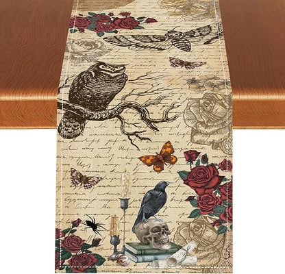 Gothic Floral Table Runner, Retro Dark Skull Moth Vintage Flower Halloween Day of Death Witchy Coffee Table Center Decor for Home Kitchen Dining Patio Holiday Party Table Decorations 13x108 inches