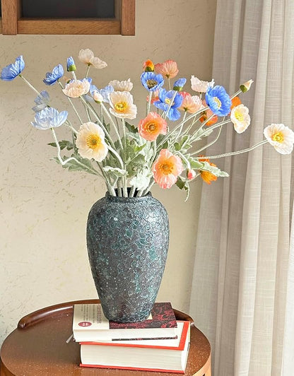 Set of 6 Poppies Flowers Artificial, Real Touch Silk Flowers with Long Stems for Vase, Realistic Faux Wildflowers Arrangement for Home Office Farmhouse Wedding Party Indoor Decor (Dark Blue)