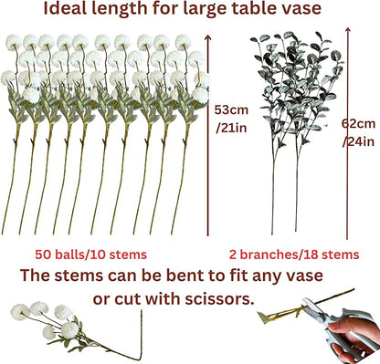RyddeligHome White Faux Flowers for Vase - Kiku 10 Stems & Eucalyptus, Fake Flowers Stems for Pottery Vase, Realistic Artificial Flowers, Pom Pom Balls for Aesthetic Farmhouse Barn Room Decor