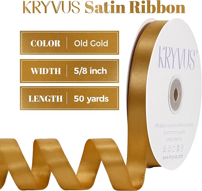 Old Gold Satin Ribbon, Double Faced 5/8 Inch X 50 Yards Old Gold Ribbon, Premium Satin Ribbon for Gift Wrapping, Crafts, Hair Bow Making, Sewing, Flower Bouquet, Wedding Party Decor