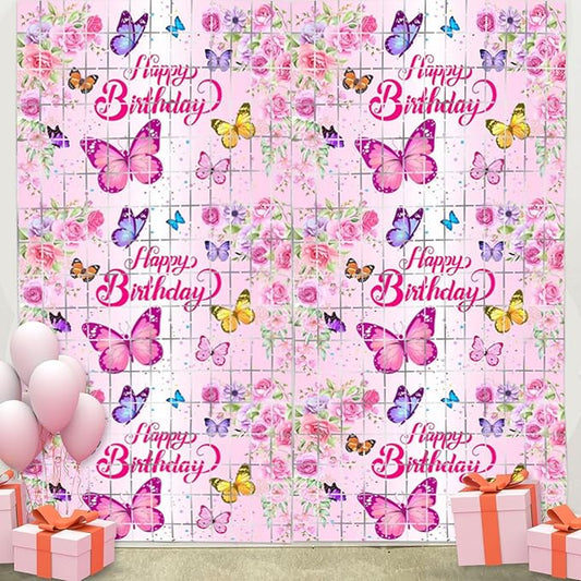 2 Pack Butterfly Foil Fringe Curtains 3.28 x 6.56Ft Butterfly Tinsel Curtain Streamers Backdrop Pink Floral Photo Booth Backdrop Butterflies Birthday Baby Shower Party Decorations for Kids Girls