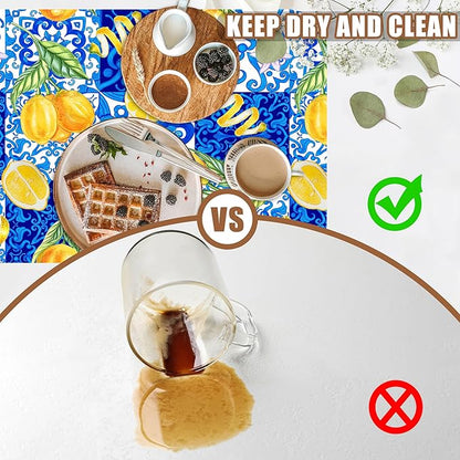 Lemon and Blue Tile Dish Drying Mat for Kitchen Counter Coffee Bar Mat Hide Stain Absorbent Rubber Backed Drying Rack Pad Espresso Machine Coffee Bar Accessories 11.8 x 19.7 Inch