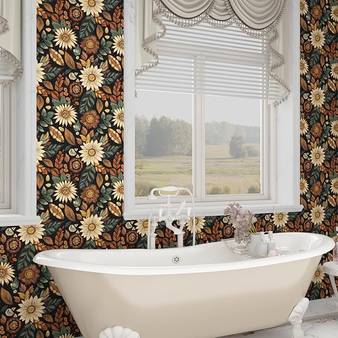 Vintage Boho Wallpaper Peel and Stick,Black Brown/Green Floral Contact Paper 17.5" x 393.7", Retro Flower Botanical Wall Paper Self Adhesive Removable Waterproof for Walls Shelves Cabinet Table Decor
